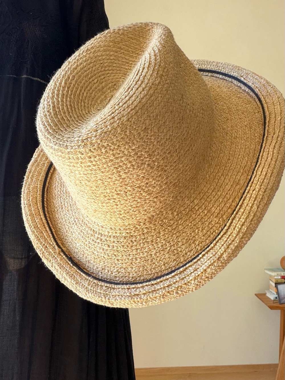 Women’s Natural Straw Fedora Hat with Dark Trim